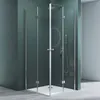 A modern shower cabin with glass doors and silver fixtures, set against a dark green wall. Produktbild-Vorschau