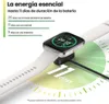 A smartwatch is shown charging, with text highlighting its battery life. Podgląd zdjęcia produktu