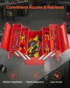 A red metal toolbox with various tools inside, displayed on a gray surface with marketing text and icons below. Podgląd zdjęcia produktu