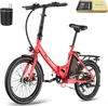 A red electric bicycle is shown in a studio setting against a white background, with a gift box and a storage bag placed to the side. Produktbild-Vorschau