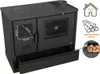 A black wood-burning stove with an oven and stovetop, shown from a front-diagonal angle. Various informational graphics are overlaid on the right side. Produktbild-Vorschau