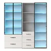 A modern white cabinet with glass doors and LED lighting, featuring shelves and drawers. Anteprima dell’immagine prodotto