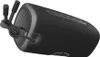 A black portable stereo speaker with a gray fabric cover and a gray cord tied to it. The speaker is lying on its side against a white background. Anteprima dell’immagine prodotto