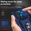A hand is holding a blue phone case with a sliding camera cover and a ring holder. The image highlights the features of the case. Produktbild-Vorschau