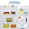 Inside of a refrigerator showing various food items and drinks, with labels and overlays highlighting features. Produktbild-Vorschau