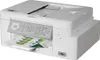 A white Brother MFC-J4340DW 4-in-1 inkjet multifunction printer is shown from a slightly elevated front-left angle. The printer has a control panel with a small screen and buttons, and a paper tray with charts and graphs is extended from the front. Náhled obrázku produktu