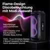 A black party speaker with purple LED lights and text describing its features against a dark background with abstract purple and pink light waves. Produktbild-Vorschau