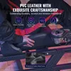 A person sitting in a racing simulator chair, with close-ups of the chair's material and frame. Produktbild-Vorschau