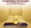 A smartphone screen protector is shown with a demonstration of its protective qualities using falling liquid spheres. Produktbild-Vorschau
