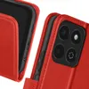 Close-up view of a red leather phone case with a phone inside, showing the camera module and side buttons. Produktbild-Vorschau