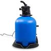 A blue sand filter with a black top valve assembly and base, set against a white background. Produktbild-Vorschau