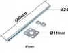 A metal threaded rod with nuts and a mounting plate, with dimensions indicated by text overlays. Produktbild-Vorschau
