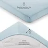 A close-up view of a light blue fitted sheet, showing its texture and elastic band. Produktbild-Vorschau