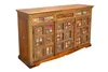 A wooden sideboard with decorative colorful tiles and metal accents, presented on a white background. Produktbild-Vorschau