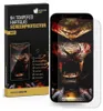 A product shot of a phone screen protector packaging and a phone with a screen protector applied. Produktbild-Vorschau