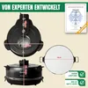 A collage of images showing a pizza oven and its components, along with a certificate and feature callouts. Produktbild-Vorschau