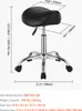 A black saddle stool with chrome accents and wheels, shown from a front-side angle with measurement callouts and product specifications. The background is white. Podgląd zdjęcia produktu