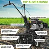 A tiller is shown in a field with text callouts detailing its features. Produktbild-Vorschau