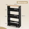 A diagram showing the dimensions of a black, four-tier narrow storage cart with a wooden top. Podgląd zdjęcia produktu