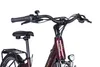 A close-up view of the handlebars, seat, and front of a burgundy electric bicycle against a white background. Produktbild-Vorschau