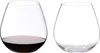 Two stemless wine glasses are shown side-by-side against a white background. One glass contains red wine, while the other is empty. Produktbild-Vorschau