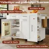 A white kitchen island with various storage compartments and features highlighted with text overlays. Voir les images du produit