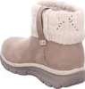 A side view of a taupe boot with a cream knit cuff. Voir les images du produit
