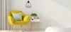 A bright and modern living room scene with a yellow armchair, a small side table with a plant, and a pendant light. Produktbild-Vorschau