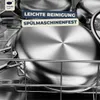 A close-up view of stainless steel pots and pans inside a dishwasher rack, with marketing text overlays. Produktbild-Vorschau