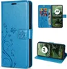 A collage of images showing a blue flip-style phone case with floral and butterfly embossing, and a Motorola phone inside. Produktbild-Vorschau