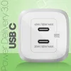 A white dual USB-C power adapter with text overlays. Náhľad obrázku produktu