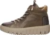 Side view of a single brown high-top sneaker with beige sole and gold accents. Voir les images du produit
