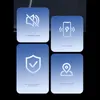 Four blue gradient squares with icons and text describing product features. Produktbild-Vorschau