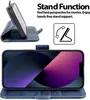 A blue flip case for a smartphone is shown in two configurations: one open and propped up as a stand, and another with a smartphone inside, displaying its screen. Produktbild-Vorschau