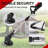 A cordless grass trimmer is shown in a garden setting with a house in the background. Insets highlight folding and length adjustment features. Produktbild-Vorschau