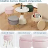 A collection of images showcasing round velvet ottomans with gold legs, a small round table, and books. Produktbild-Vorschau