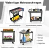 A collage of images showing a multi-purpose trolley used for different purposes: tools, kitchen items, plants, and picnic food. Text overlays describe the uses. Podgląd zdjęcia produktu