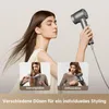 A woman is shown with her hair blowing, demonstrating a hairdryer and its attachments. Náhled obrázku produktu