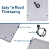Close-up views of a mirror's frame and electrical components, with text highlighting features. Produktbild-Vorschau