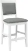 A white bar stool with a gray upholstered seat and backrest, shown from the front. Podgląd zdjęcia produktu