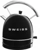 A black electric kettle with a silver handle and base, shown from the front. Produktbild-Vorschau