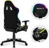 A black gaming chair with RGB lighting, shown from the side and with close-up details of the headrest and mechanism. Anteprima dell’immagine prodotto