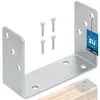 A U-shaped metal bracket and screws are shown against a white background, with a small wooden piece at the bottom right to demonstrate its use. Podgląd zdjęcia produktu
