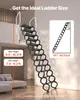 A folding attic ladder installed in a room, with dimensions and usage information overlaid. Anteprima dell’immagine prodotto
