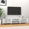 A white TV stand with a television mounted on the wall above it. Náhľad obrázku produktu