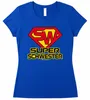 Blaues Damen T-Shirt mit Super Schwester Aufdruck vor weißem Hintergrund. Produktbild-Vorschau