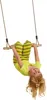 A young girl is hanging upside down on a wooden trapezoid swing. Anteprima dell’immagine prodotto
