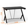A black gaming desk with orange accents is shown against a white background, with dimensions indicated by orange lines and text. Produktbild-Vorschau