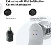 A close-up marketing image showcasing a faucet cartridge and a faucet handle with brand logo and feature callouts. Produktbild-Vorschau