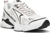A studio shot of a single white sneaker with black and gray accents.